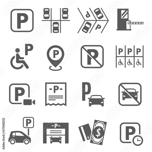 Parking area, fine, fee, forbidden sign line and bold icons set isolated on white. Auto barrier, garage.