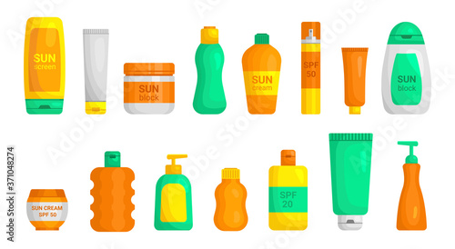 Sunscreen plastic jar, tube, bottles with dispenser mockups flat set. Sunburn protection.