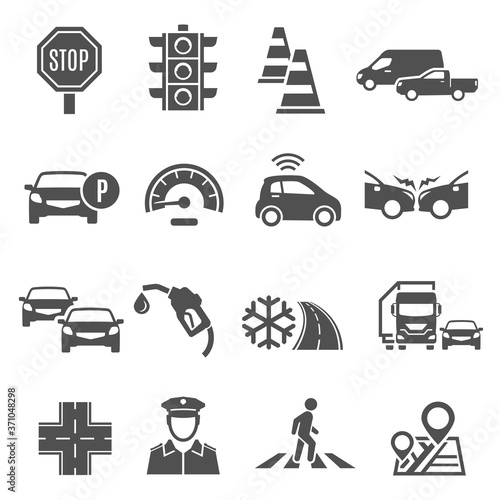 Traffic lights, jam, crosswalk bold silhouette icons set isolated on white. Stop sign, policeman.