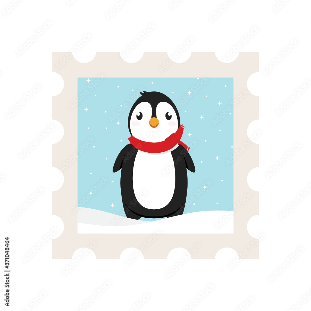 Fototapeta premium Cute Penguin Stamp Holiday Christmas Illustration Background