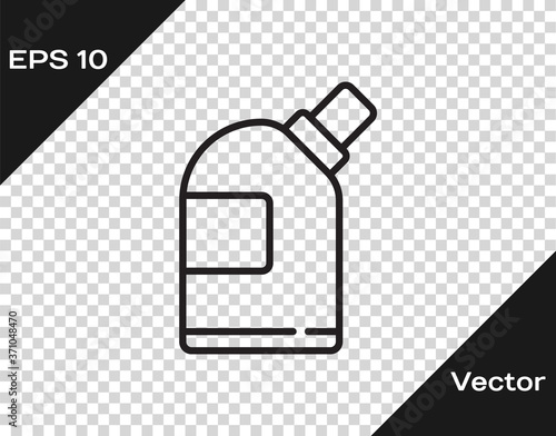 Black line Plastic bottles for laundry detergent, bleach, dishwashing liquid or another cleaning agent icon isolated on transparent background. Vector Illustration.