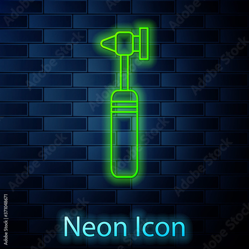 Glowing neon line Medical otoscope tool icon isolated on brick wall background. Medical instrument. Vector Illustration.