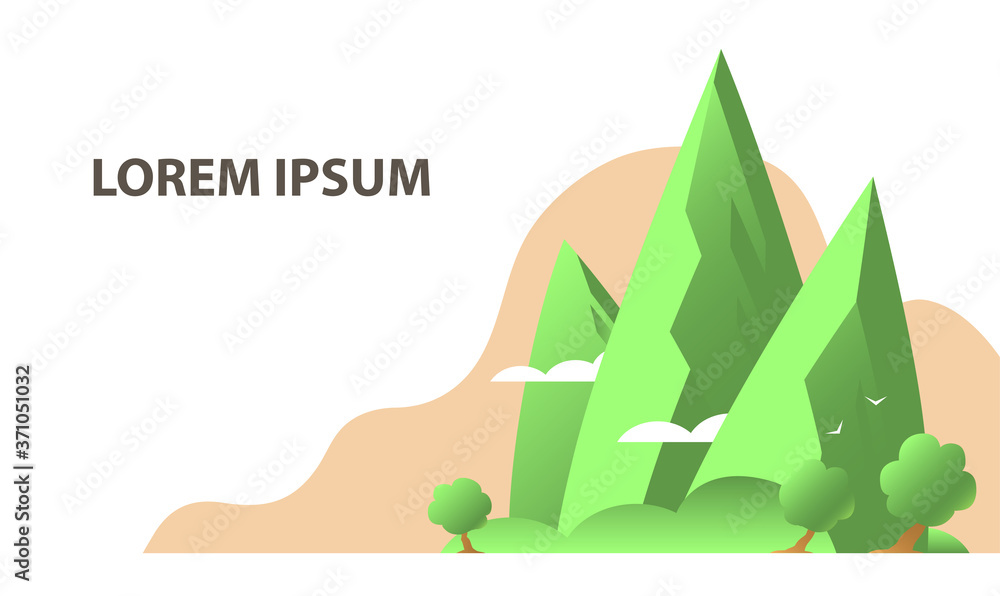 Landscape of exotic nature. Green mountains, trees and clouds. Banner with place for text. Vector cartoon illustration.