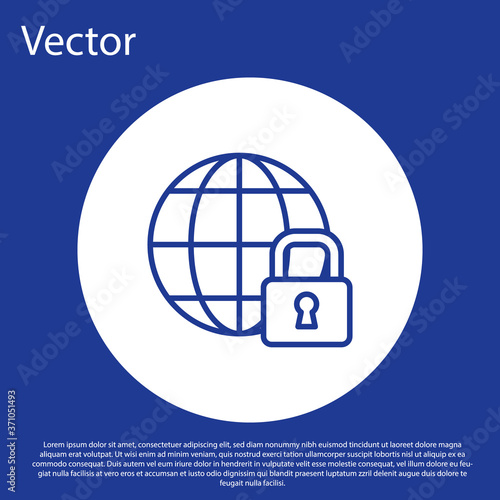 Blue line Global lockdown - locked globe icon isolated on blue background. White circle button. Vector.