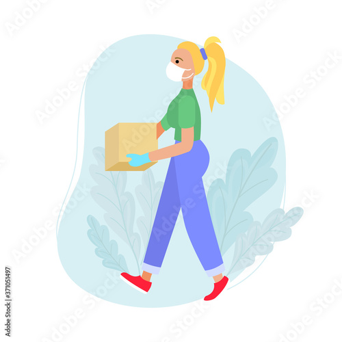 A young woman in a mask and gloves carries a parcel. Colorful flat web banner. Stock vector illustration.