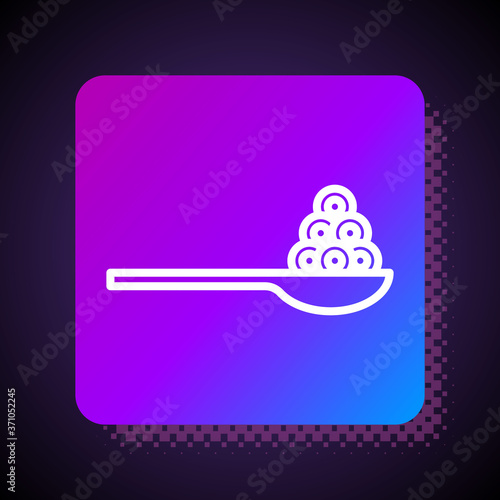 White line Caviar on a spoon icon isolated on black background. Square color button. Vector..