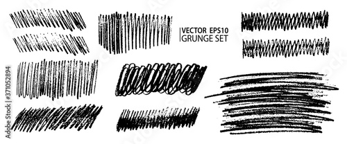 Grunge pencil sketches set. Grunge stains collection. Charcoal pencil hatches. Doodle scribbles set. Grungy textures and strokes.