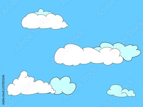 Vector hand drawn illustration set of the colored clouds on the blue background 