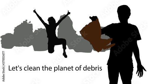 Let's clear the planet of debris. Vector silhouettes of a man holding an old ragged boot in his hand against a background of gray bags filled with household waste. Girl with two hands raised up