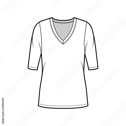 Deep V-neck jersey sweater technical fashion illustration with elbow sleeves, oversized body, tunic length. Flat shirt apparel template front, white color. Women, men unisex outfit top CAD mockup © Vectoressa