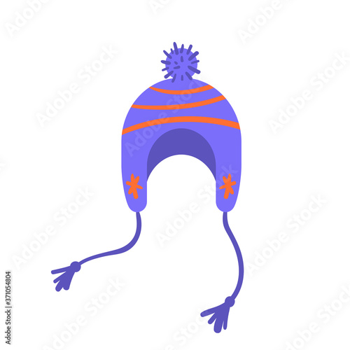 Blue warm hat with earflaps for hiking and travel. Vector illustration.