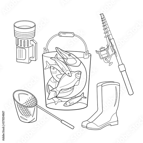 Set of black and white vector illustrations about fishing. A bucket with caught fish, landing net, fishing rod, flashlight, rubber boots. Outline style. Coloring book page.