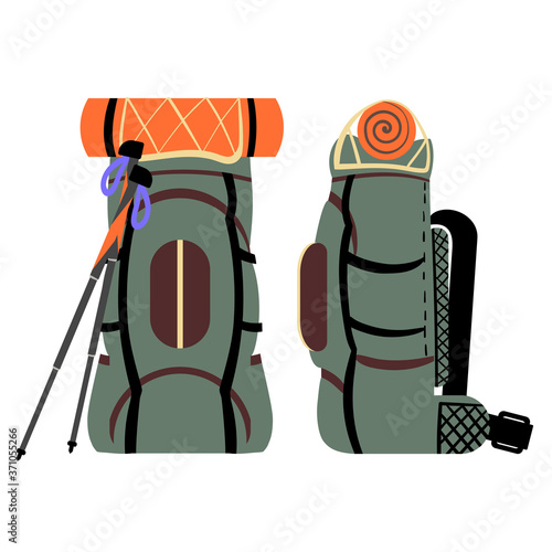 Green travel backpack with orange mat and takking poles for hiking or trekking. In two types. Vector illustration.