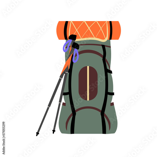 Green travel backpack with orange mat and takking poles for hiking or trekking. Vector illustration.