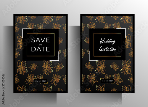 Wedding invitation template set. Gold with black design with a hand-drawn floral pattern. EPS vector 10.