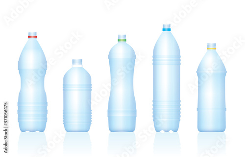 Plastic bottles. Various empty blue transparent unlabeled water bottle collection. Isolated vector illustration on white background.
