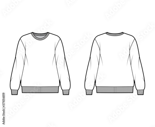 Cotton-terry oversized sweatshirt technical fashion illustration with relaxed fit, crew neckline, long sleeves. Flat outwear jumper apparel template front, back, white color. Women men, unisex top CAD