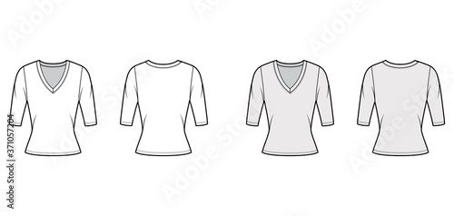 Deep V-neck jersey sweater technical fashion illustration with elbow sleeves, close-fitting shape. Flat shirt apparel template front, back, white grey color. Women, men, unisex outfit top CAD mockup