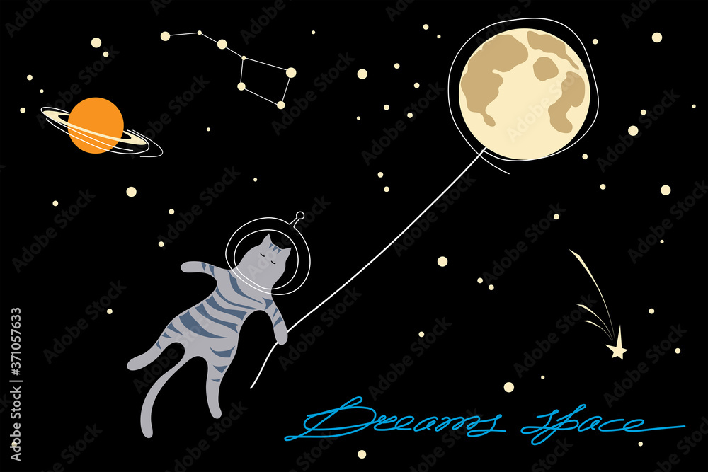 Astronaut cat flies to the moon in space. Sky with stars, planet. Flat style.