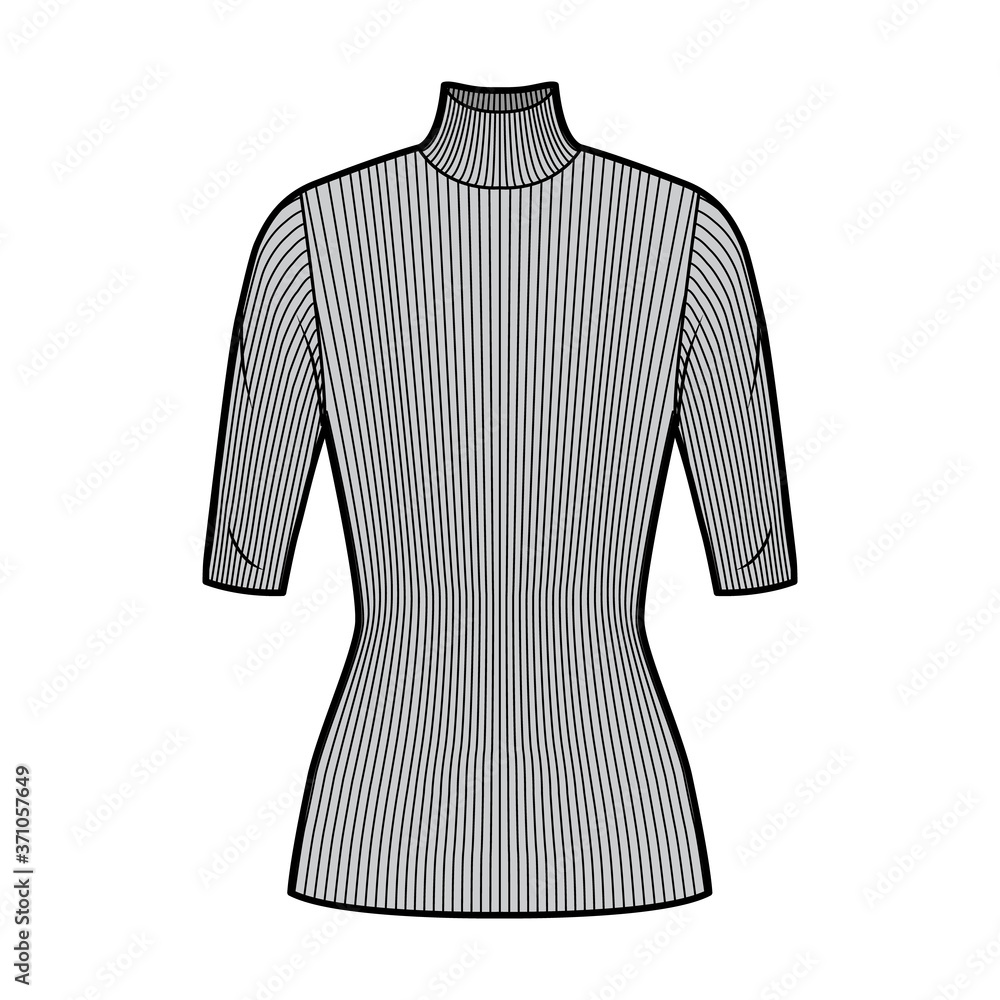 Turtleneck ribbed-knit sweater technical fashion illustration with elbow sleeves, close-fitting shape, tunic length. Flat sweater apparel template front, grey color. Women, men unisex shirt top mockup Turtleneck ribbed-knit sweater technical fashion illustration with elbow sleeves, close-fitting shape, tunic length. Flat sweater apparel template front, grey color. Women, men unisex shirt top mockup