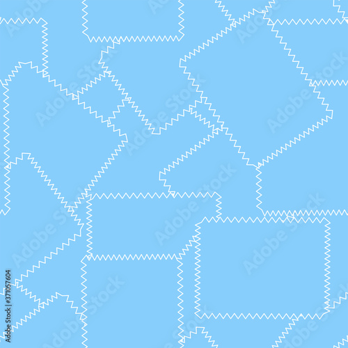 Seamless pattern of blue scraps of fabric with scalloped edge.