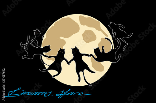 Black cats dancing in a round dance around the big full moon on a black background. Fantasy flat style creative illustration.