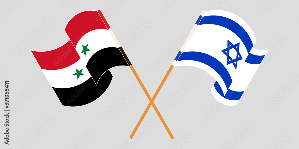 Crossed and waving flags of Syria and Israel Crossed and waving flags of Syria and Israel