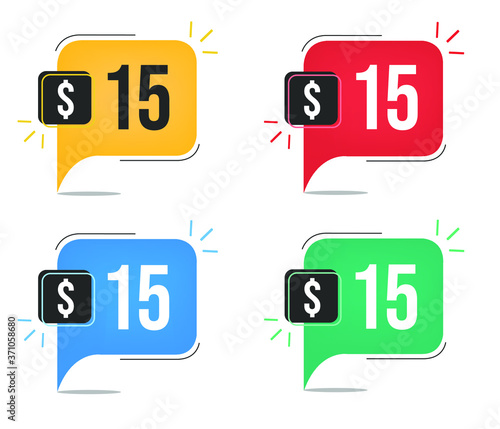 $15 dollar price. Yellow, red, blue and green currency tags. Balloon concept with fifteen dollars for sales.