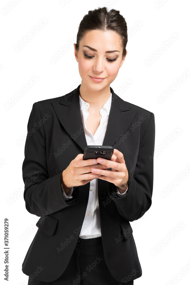 Woman using a mobile phone isolated on a white background Woman using a mobile phone isolated on a white background
