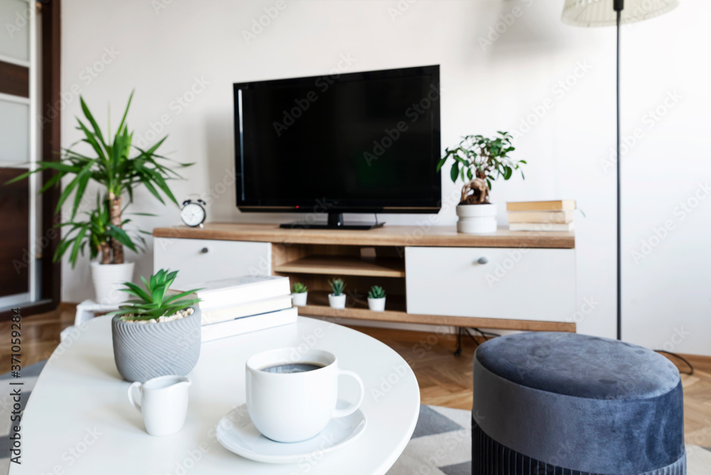 Stylish room in scandinavian design with tv on a shalf and cup of coffee on a table, Cozy interior of living room with plants and ottoman. Stylish room in scandinavian design with tv on a shalf and cup of coffee on a table, Cozy interior of living room with plants and ottoman.