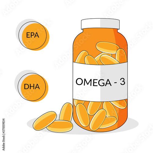 Bottle with omega-3 softgels, natural fish oil, EPA, DHA vector illustration