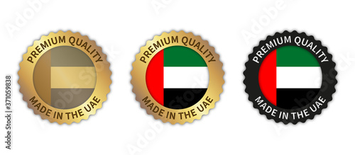 Set of 3 "Made in the UAE" vector icons. Illustration with transparent background. Country flag encircled with gold/black stamp. Sticker/logo for product/website.