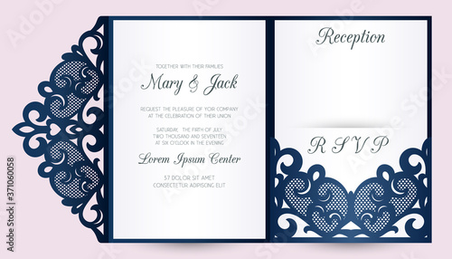 Laser cut wedding tri fold pocket envelope template vector. Wedding invitation or greeting card with abstract ornament. Suitable for greeting cards, invitations, menus.