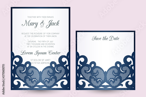 Laser cut pocket envelope template with lace pocket. Wedding invitation or greeting card cover with abstract ornament. Suitable for greeting cards, invitations, menus.