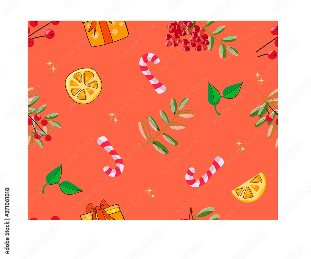 Cheerful bright festive pattern.
Christmas ingredients and gifts on red background.
Vector design.