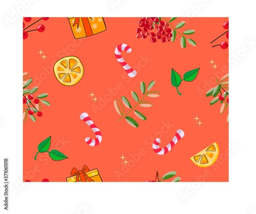 Cheerful bright festive pattern. Christmas ingredients and gifts on red background. Vector design. © Tana