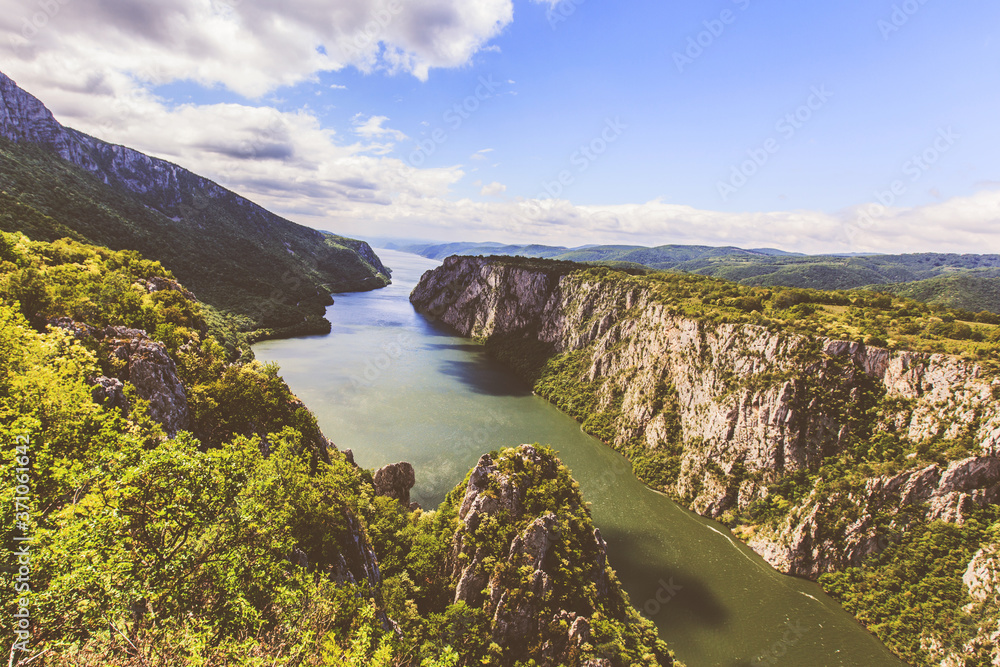 Danube river gorge, looking from peak, amazing nature landscape, summer daylight ,eastern Serbia border with Romania, Europe