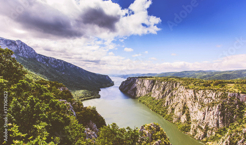 Danube river gorge, looking from peak, amazing nature landscape, summer daylight ,eastern Serbia border with Romania, Europe
