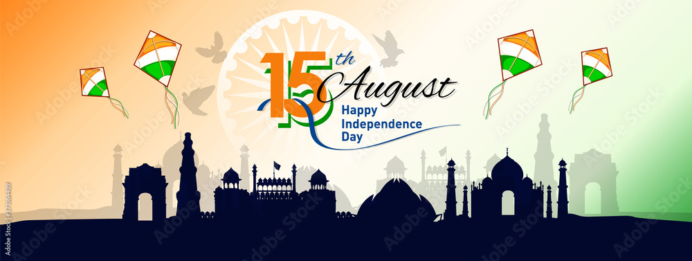 Banner or Header designed of 15th August Happy Independence Day of India, with stylish text, flying kites and famous monuments of India. Vector Illustration