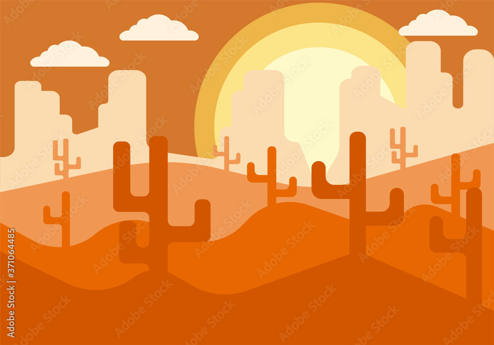 Paisaje de un desierto con cactus durante el atardecer.