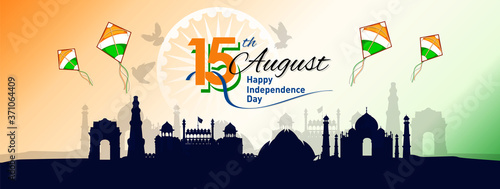 Banner or Header designed of 15th August Happy Independence Day of India, with stylish text, flying kites and famous monuments of India. Vector Illustration