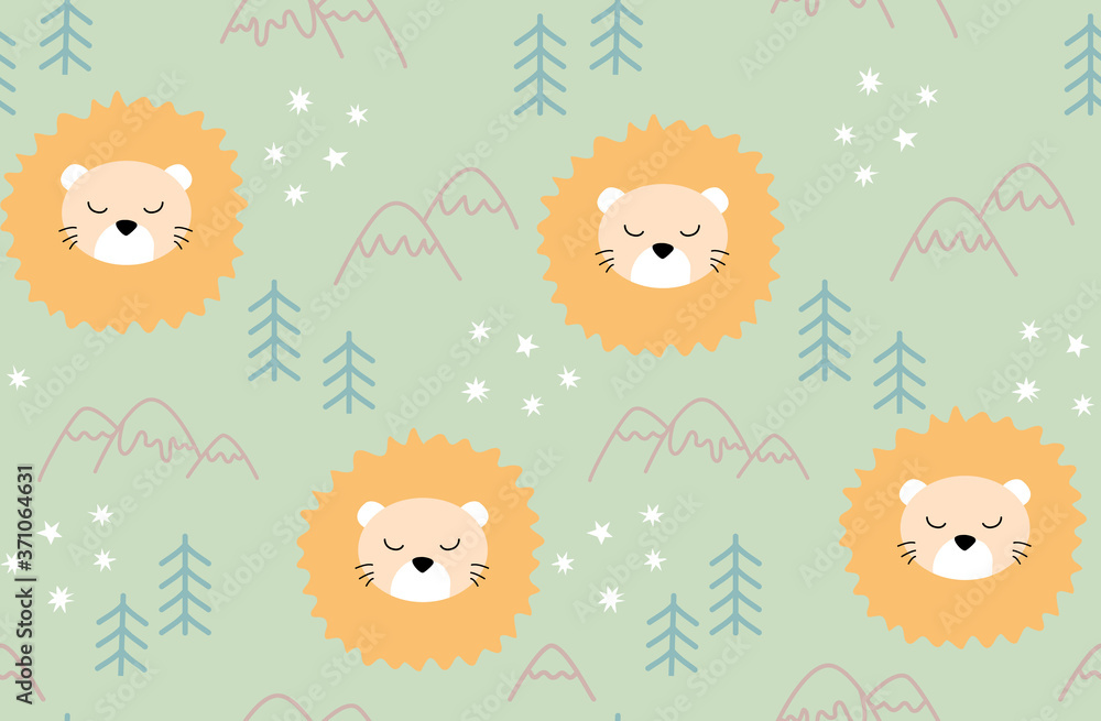 Cute animal seamless print with leo and mountains. Vector print in scandinavian style for textile, fabric, paper, kids nursery.