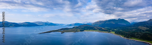 Aerial view of the sound of shuna and shuna island on the west coast of the argyll region of the highlands of Scotland during a summer storm showing a salmon fish farm
 photo