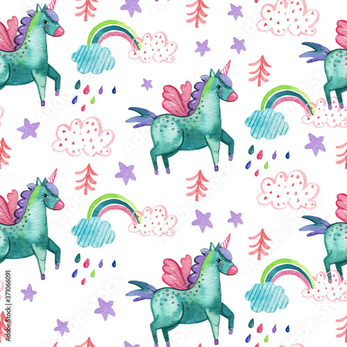 Watercolor hand painting pattern with cute unicorns  clouds  raindrops  rainbow and stars on white background. Magic background with little unicorns.