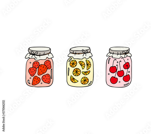 Jars with home canned strawberry, orange, cherry jam. Hand drawn vector illustration.