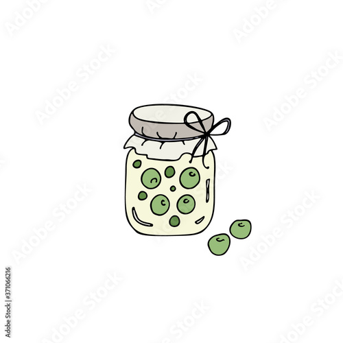 Jar with pickled peas. Hand drawn vector illustration.