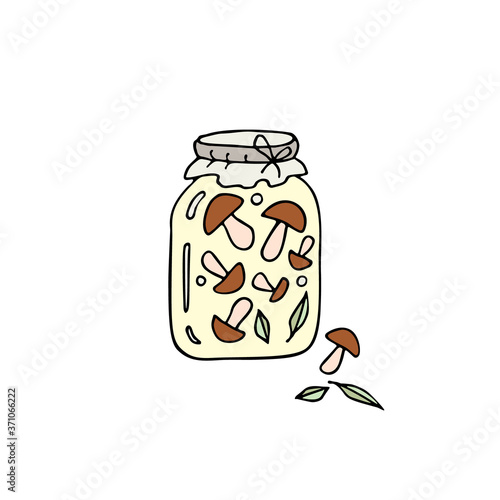 Jar with pickled mushrooms. Hand drawn vector illustration.