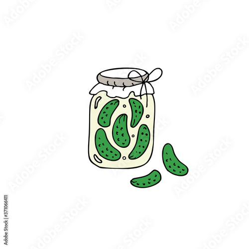 Jar with pickled cucumbers. Hand drawn vector illustration.