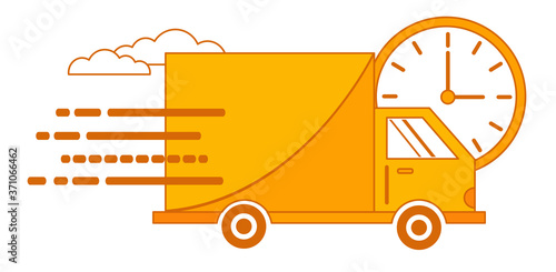 Fast delivery orange truck with clock icon symbol on a white background. Flat vector icon and line icon for apps and websites