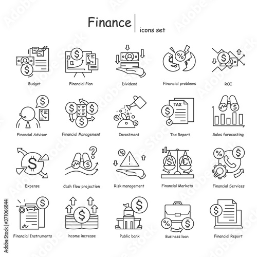 Finance icons set. Financial analysis and stock market instruments line pictogram. Illustrations of currency exchange, taxes, business accounting, audit and private investment. Editable stroke vectors